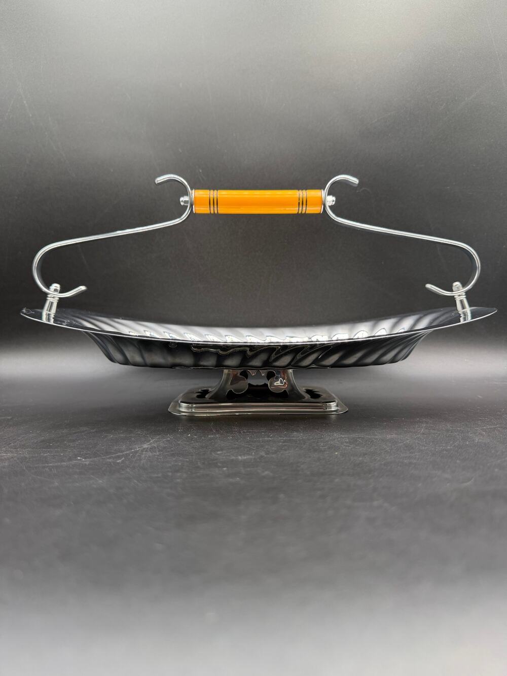 Farber Bros Krome Kraft Chrome Footed Candy Dish Orange Bakelite Handle Art Deco